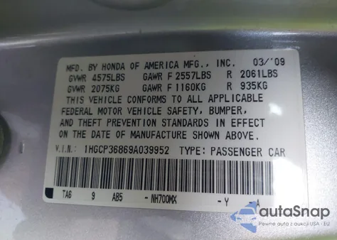 2009 Honda Accord 3.5 Ex-L z USA, uszkodzony, nr VIN 1HGCP36869A039952